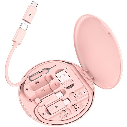 Multi USB Charging Adapter Cable Kit, USB C to Lighting Adapter Box, Conversion Set USB A & Type C to Male Micro/Type C/Lightning, Data Transfer, Card Storage, Tray Eject Pin, Phone Holder (Pink)