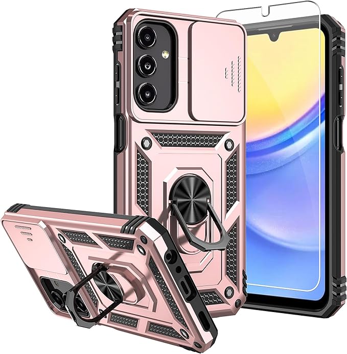 for Samsung Galaxy A15 5G Case,Galaxy A15 5G Case,with Screen Protectors and Camera Cover,[Military Grade] 16ft.Drop Tested Cover with Magnetic Kickstand Protective Case for Samsung A15 5G, Rose Gold