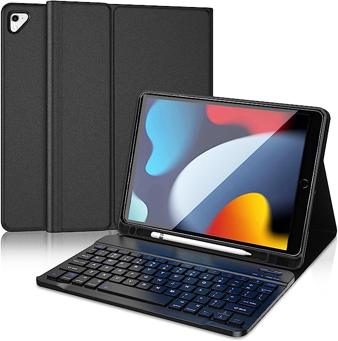 D DINGRICH iPad Case 10.2 with Keyboard 2021, Slim Smart Case – Built-in Pencil Holder – Protective Folio Stand Cover – Detachable Bluetooth Keyboard – iPad Keyboard Case 9th/8th/7th Generation, Black