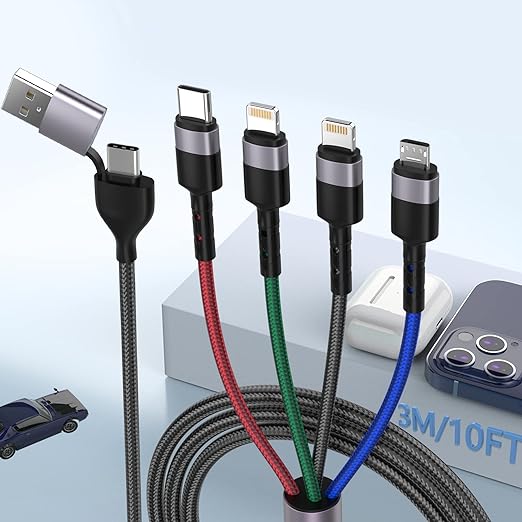 3M/10Ft 6 in 1 Multi USB Universal Phone Charging Cable，USB A/Type C to Lightning*2+Type C+Micro USB Nylon Braided Sync Charger Cord Adapter for Android/iPhone/iOS/Samsung/Huawei-Uber Signs for Car