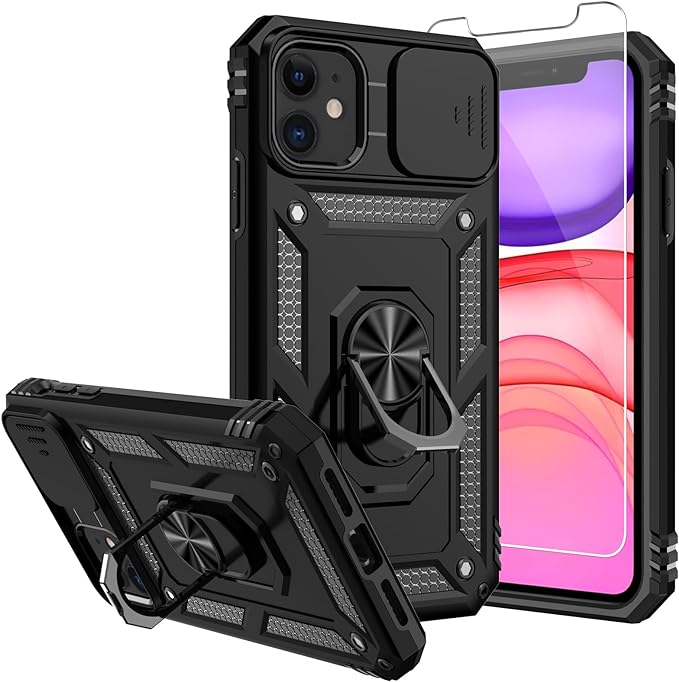 for iPhone 11 Case,with Screen Protectors and Camera Cover,[Military Grade] 16ft.Drop Tested Cover with Magnetic Kickstand Protective Case for iPhone 11 6.1 inch, Black