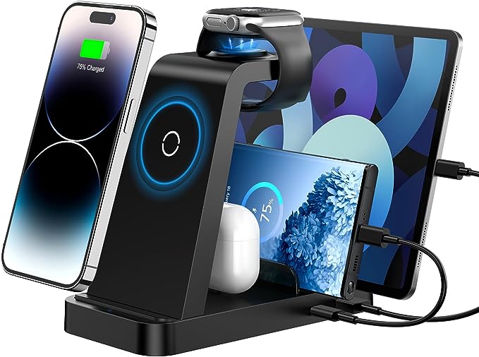 Wireless Charger for iPhone – 5 in 1 Charging Station for Multiple Devices Apple: Fast Wireless Charging Stand Dock for iPhone 15 14 13 12 Pro Max Apple Watch Airpods