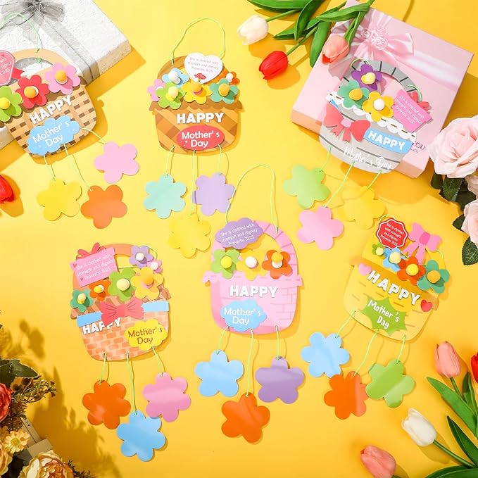 Honoson 24 Sets Mother’s Day Crafts for Kids Bulk Mother’ s Day Faith Hanging Basket Sign Craft Kit Flowers Basket Proverbs 31: 25 Felt Ball Rope for Sunday School Mother’s Day Gifts Family Classroom