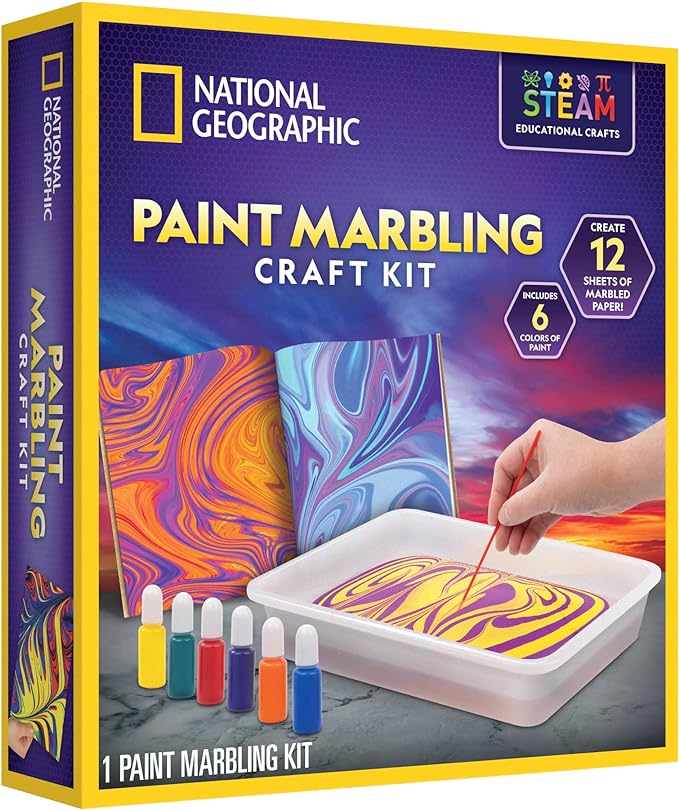 National Geographic Paint Marbling Arts & Crafts Kit – Water Art for Kids, Create 12 Sheets of Marble with 6 Colors, Kit, Painting, Kids Projects