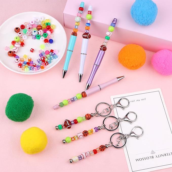 10 Sets Beadable Pen and Beadable Keychain Bar Making Kit Includes Resealable Pouch Bag Thank You Card with 250 PCS Colorful Beads Plastic Bead Pen DIY Keychain Pendant Gift for DIY Project Crafts