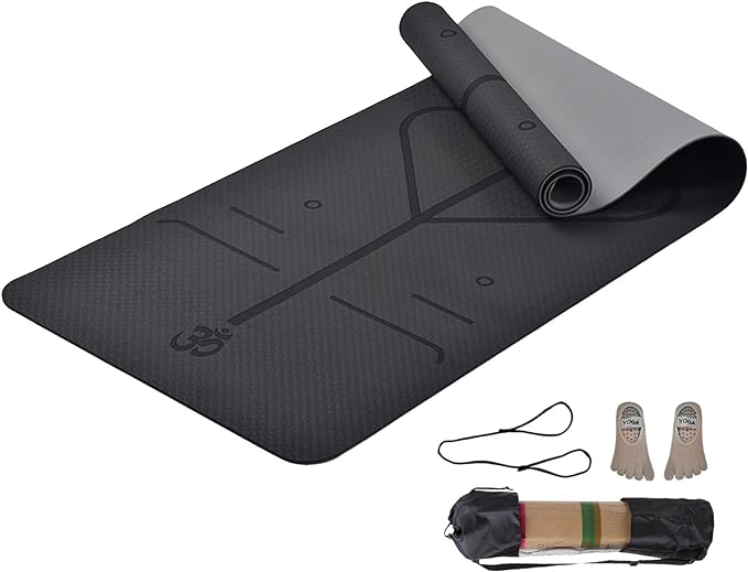 IMOOD Tapete de Yoga 6mm Grueso Antideslizante para Pilates Fitness y Ejercicio, 183 * 61CM TPE Esterilla para Yoga con Líneas de Guía, Calcetines de Yoga, Correa Transportadora y Bolsa para Gimnasio