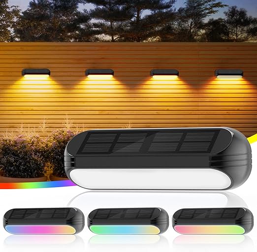 GEARLITE Solar Fence Lights, 4 Pack Solar Lights Outdoor Garden with Warm White and Multi-Colour Changing Modes, Waterproof Garden Ornaments Outdoor for Fence Step Terraces Deck