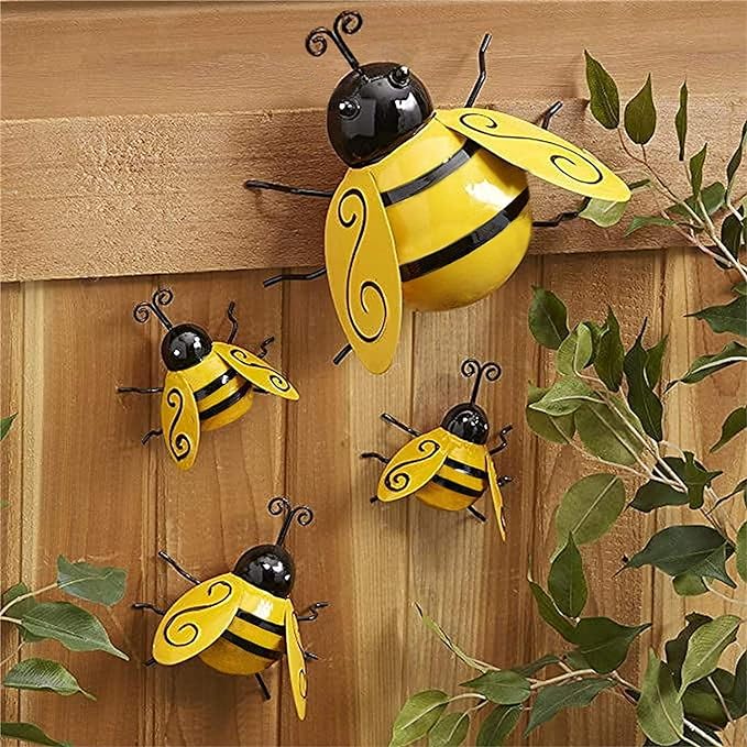 Metal Bumble Bee Garden Decorations Wall Art Bee 3D Sculpture Garden Ornaments Outdoor Lawn/Bar/Bedroom/Living Room/Shop Wall Hanging Bumble Bee Decor (4 PCS)