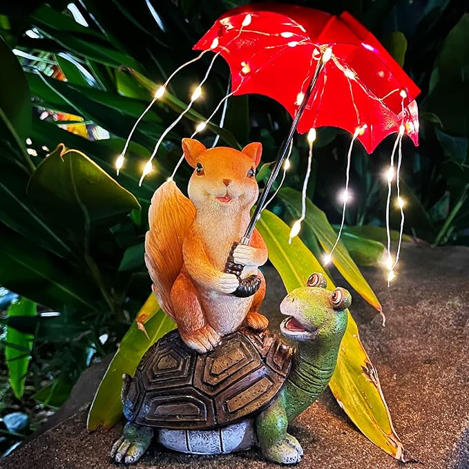 lifemet Garden Ornaments Outdoor, Solar Statue | Squirrel Siting on Turtle Holding an Umbrella with String Lights – IP65 Waterproof Garden Gifts for Lawn Yard Flowerbed Art Decoration