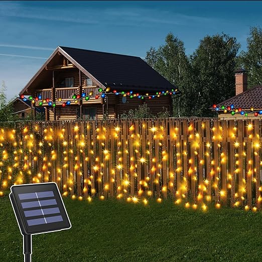 CCILAND 6Mx1M Solar Curtain Lights Outdoor Garden Fairy Lights 300 LEDs 8 Modes Green Wire Waterproof Waterfall String Light for Patio Gazebo Party Christmas Summer Decoration