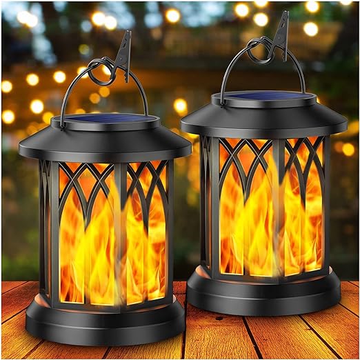 KOOPER Solar Lights Outdoor Garden, 2 Pack Hanging Solar Garden Lanterns with Realistic Flickering Flame LED, Waterproof Flame Effect Solar Garden Ornaments for Decoration Garden Pathway Patio