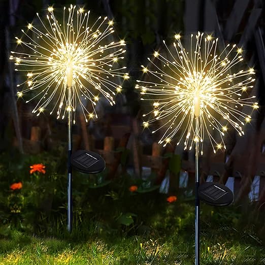 yowin Solar Garden Lights 2 Pack 120 LED Firework Solar Lights Outdoor Garden, 8 Modes Solar Pathway Lights Waterproof Dandelion Solar Lights for Patio FlowerBoxes Party Decorations- Warm White