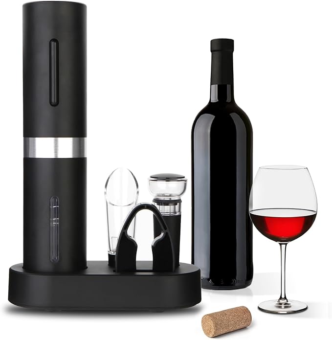 WINETELL Set apribottiglie elettrico con supporto, set regalo per vino con apribottiglie ricaricabile, aeratore, tappi sottovuoto e tagliacapsule, set apribottiglie 6 in 1 per casa, feste, bar, regalo