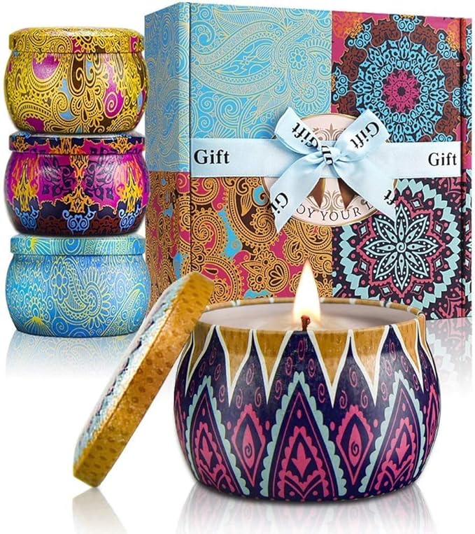 YMing Set Idee Regalo Candele Profumate per san valentino, in Cera di Soia Naturale, per Donne, per Alleviare Lo Stress e Aromaterapia, Anniversario e Compleanno – 4 Pack