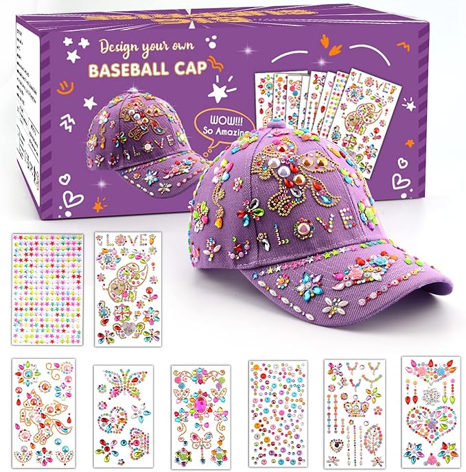 Gifts for Girls DIY Baseball cap, Decorate Your Own Baseball cap with Gem Stickers, Birthday Presents for 4 5 6 7 8 9 10 Year Olds Girls