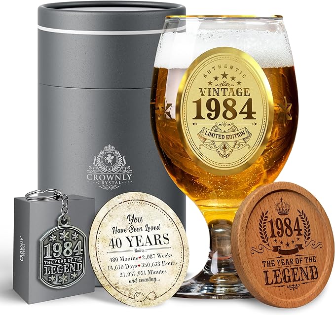 CROWNLY CRYSTAL® 1984 Regalo Uomo Compleanno Bicchiere Birra Personalizzato Regali Di Compleanno Regali Uomo 40 Anni Regali Uomo Particolari Regalo Uomo 40 Anni Regalo Compleanno Uomo Idee Regalo