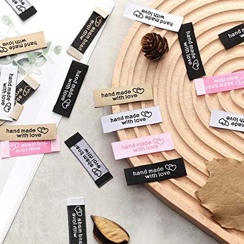 120 Pieces Personalized Sewing Labels Sew on Clothing Labels Handmade Interlocking Heart Pattern Label Tags for Handmade Items Clothes (White)