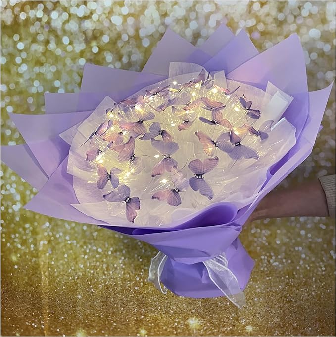 Flower Bouquet Accessories DIY Handmade Flowers Bouquet 33pcs Artificial Flowers,Butterfly Bouquet with Lights,Beginner Craft Kit,Forever Flowers Gift for Girlfriend Mom Teacher