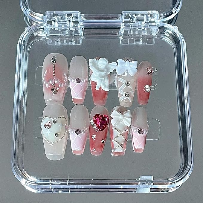 Pink Press On Nails Medium, Handmade Thick Soft Gel Thick False Nails,Reusable Kawail Cute Pear Rhinestone Glue On Nails for Women,Size S 10 Nails, Pink Ballet