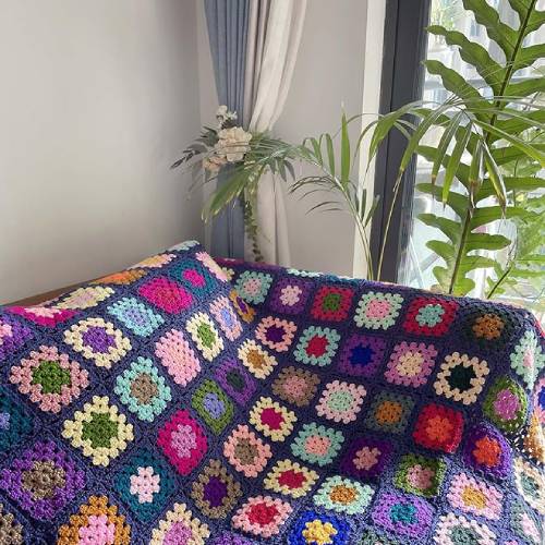 RISEON Handmade Granny Square Crochet Throw Blanket Sweater Style Mat, Crochet Quilt, Multicolor Boho Travel Accent Decor Throw for Sofa Comforter Couch Bed Recliner Living Room Bedroom (Dark Blue)