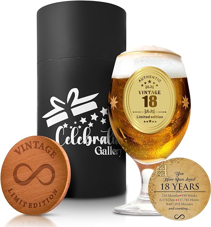 Celebration Gallery Beer Glasses 18th Birthday Gifts – Personalised Gifts for Men Custom Mug with Wooden Coaster – 400ml Pint Glasses Beer Gifts – Food-Grade Glass Mugs for Men in Elegant Gift Box