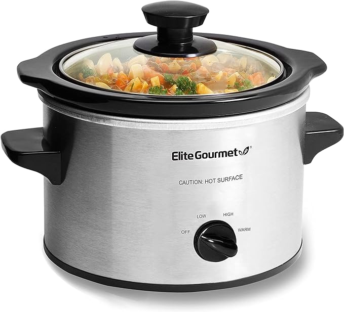 Elite Gourmet – Olla de cocción lenta eléctrica MST-250XS, temperatura ajustable, platos principales, salsas, guisos y salsas, tapa de vidrio para lavavajillas y olla de cerámica, capacidad de 1.5 cuartos de galón, acero inoxidable