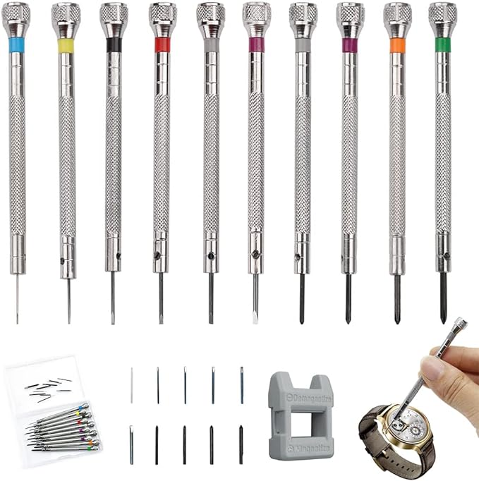 HWTONG 10 Pièces kit tournevis de précision 0,6-2,0 mm, Tournevis Montre pour Réparation, tournevis horlogerie avec Démagnétiseur, Outils de Réparation D’horloger