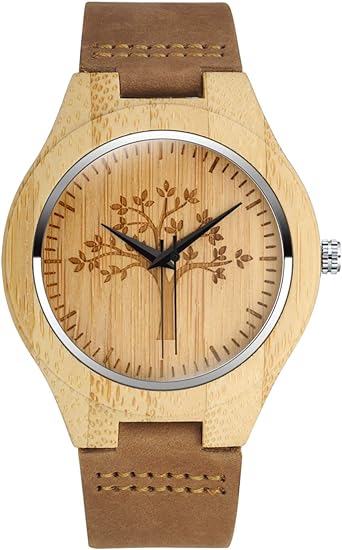 MicLee Montre à Quartz en Bois de Bambou pour Homme Femme Montres en Bois Naturel à Motif Arbre de la Vie Bracelet en Cuir Cadran de Bois Montre décontractée décorative