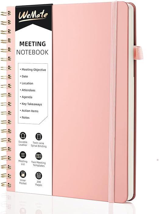 WEMATE Cuaderno simplificado para reuniones de trabajo con artículos de acción, 200 páginas, suministros de oficina para planificador de proyectos, cuaderno de notas de reunión de piel sintética para