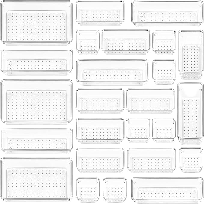 Timotech Juego de 25 Organizadores de Cajones de Plástico transparente, Bandejas Multiusos Divisoras de Cajones de Baño y Tocador, Contenedores de Almacenamiento para Maquillaje, Joyas y Oficina.