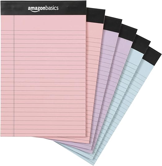 AmazonBasics, Libreta 12,7 x 20,3 cm, Rayado Estrecho, Papel Rosa, Orquídea y Azul, Paquete de 6