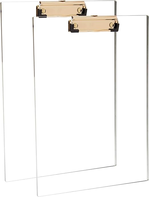 Clear Acrylic Clipboard with Gold Clip, Set 2-Pieces, Fits 9×12 inch – Letter Size Standard, Modern Design Desktop Stationery for Office, School and Home Supplies,Acrylic Office Supplies