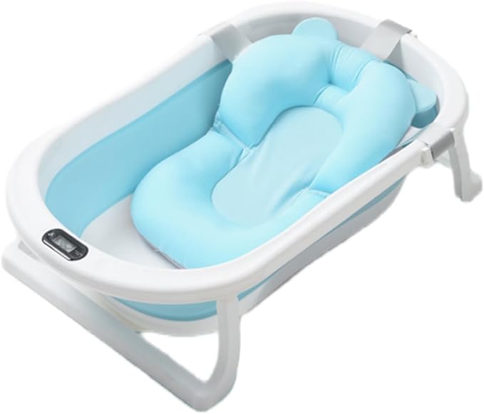 SKY-TOUCH Baby Foldable Bath Tub with Bathmat Cushion & Thermometer, Portable Baby Bathtub with Drain Hole, Shower Basin with Non-Slip Support Leg for 0-6 Years Boy Girl (Blue)