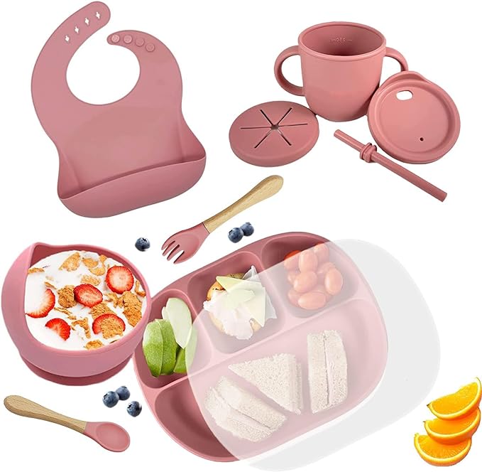 SKADE Baby Led Weaning Supplies,Complete Silicone Baby Feeding Set – Includes Baby Plate, Spoon, Fork, Bib, Bowl, Water & Snack Cup – Food Grade Silicone BPA Free – Dishwasher Safe (Dark Pink)