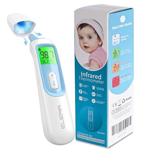 ELERA Ear Thermometer for Baby, Infrared Thermometer with Automatic Switching Mode of Ear & Forehead, 1s Measurement, 4 Color Backlight Display with Fever Indicator
