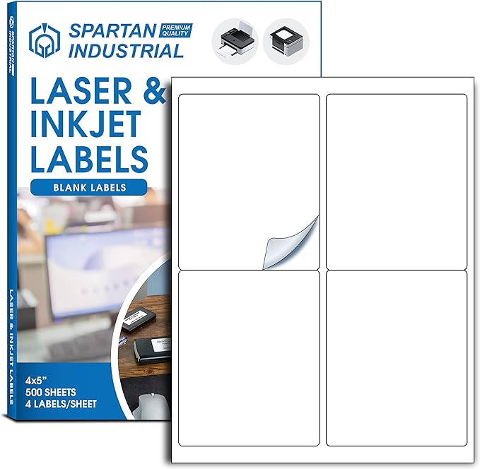 Spartan Industrial Printable Laser Inkjet Labels – 4 X 5 – White, 500 Sheets, 2000 Total Labels | Multipurpose Label Ideal for FBA, Mailing, Shipping Labels and More