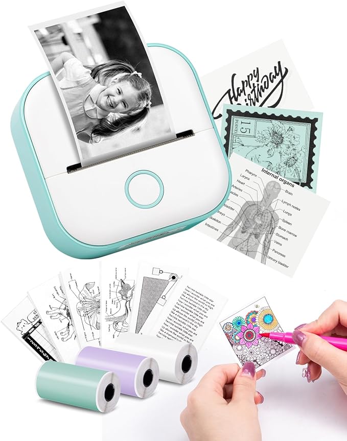 Mini Printer – T02 Label Maker with 3 Rolls Paper, Sticker Printer Machine, Inkless Portable Study Printer for Anatomical Diagram, Pictures, Journals, Receipts, Compatible with Phone & Tablet, Green