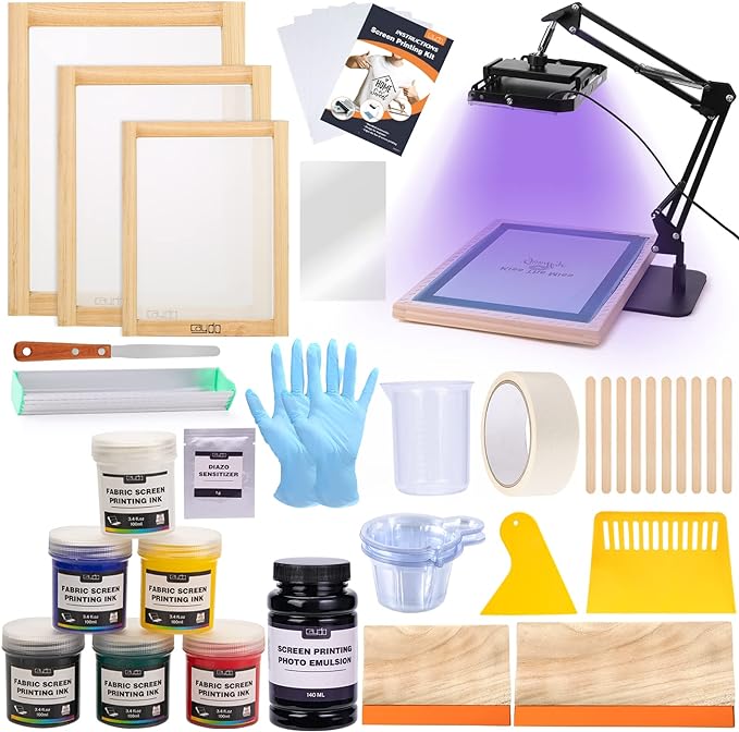 Caydo 54 Pieces Screen Printing Kit with 50W LED UV Exposure Screen Printing Light, 6 Color Screen Printing Ink, Screen Printing Photo Emulsion, Emulsion Scoop Coater, Instructions