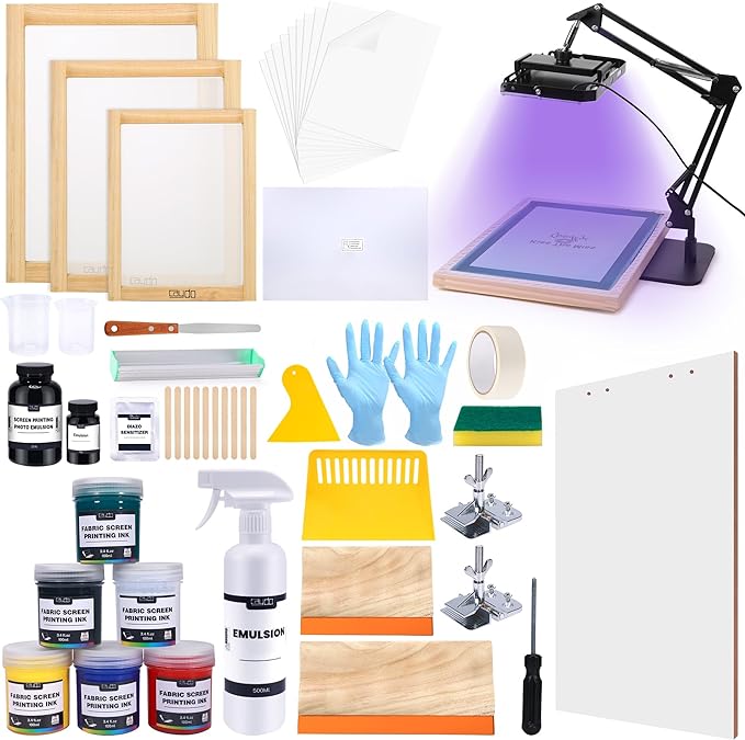 Caydo 66 PCS All-in-One Screen Printing Kit – 50W LED UV Exposure Screen Printing Light, Screen Printing Ink, Screen Printing Photo Emulsion, Instructions