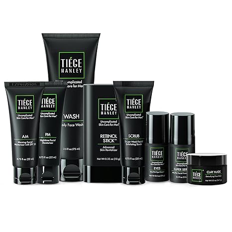 Tiege Hanley Mens Skin Care Set, Rejuvenation Skin Care Routine for Men (System Level 5) – Men’s Skincare Set Face Wash, Scrub, Moisturizer, Eye Cream, Serum, Clay Mask, Retinol Stick & PM Moisturizer