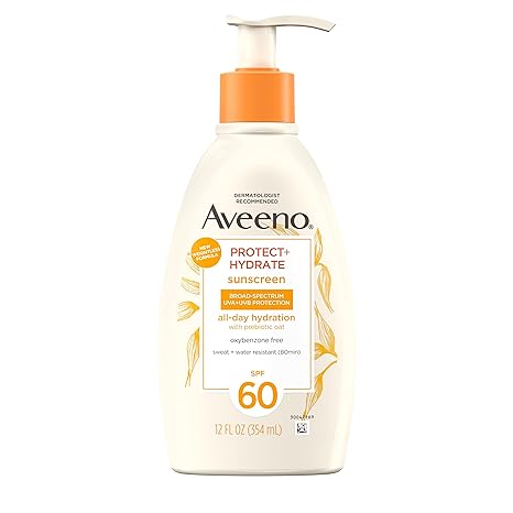 Aveeno Protect + Hydrate Moisturizing Body Sunscreen Lotion with Broad Spectrum SPF 60 & Prebiotic Oat, Weightless, Paraben-Free, Oil-Free & Oxybenzone-Free, Pump Bottle, 12.0 fl. oz