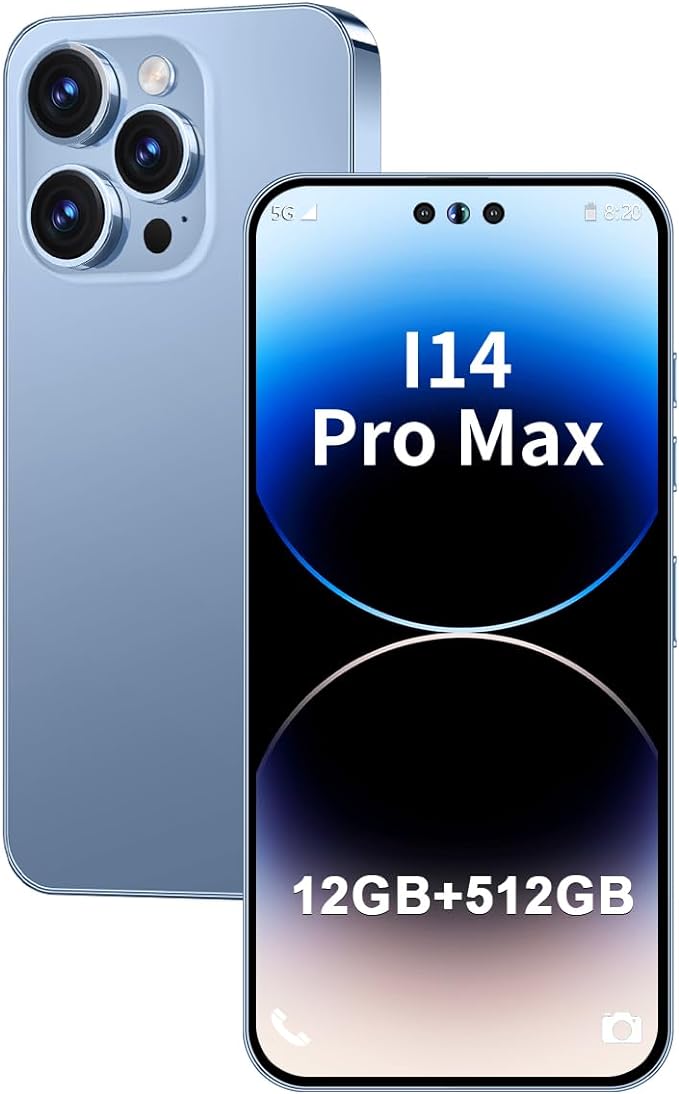 I14 ProMax Unlocked Android Phone 8-core Smartphone 12GB+512GB Cell Phone 24MP+50MP Camera Pixels 6800mAh Battery for Extended Standby 6.7inch HD Screen Unlocked Phone 5G Dual SIM Capability (Blue.)