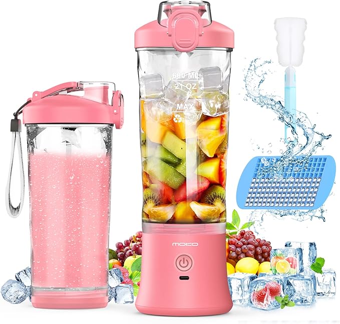 MoKo Portable Blender 270 Watt Personal Blender for Shaker and Smoothies,210OZ Personal Blender USB Rechargeable with 6 Blades, BRA Free, Smoothie Blender for Kitchen Sports Travel and Outdoors, Pink